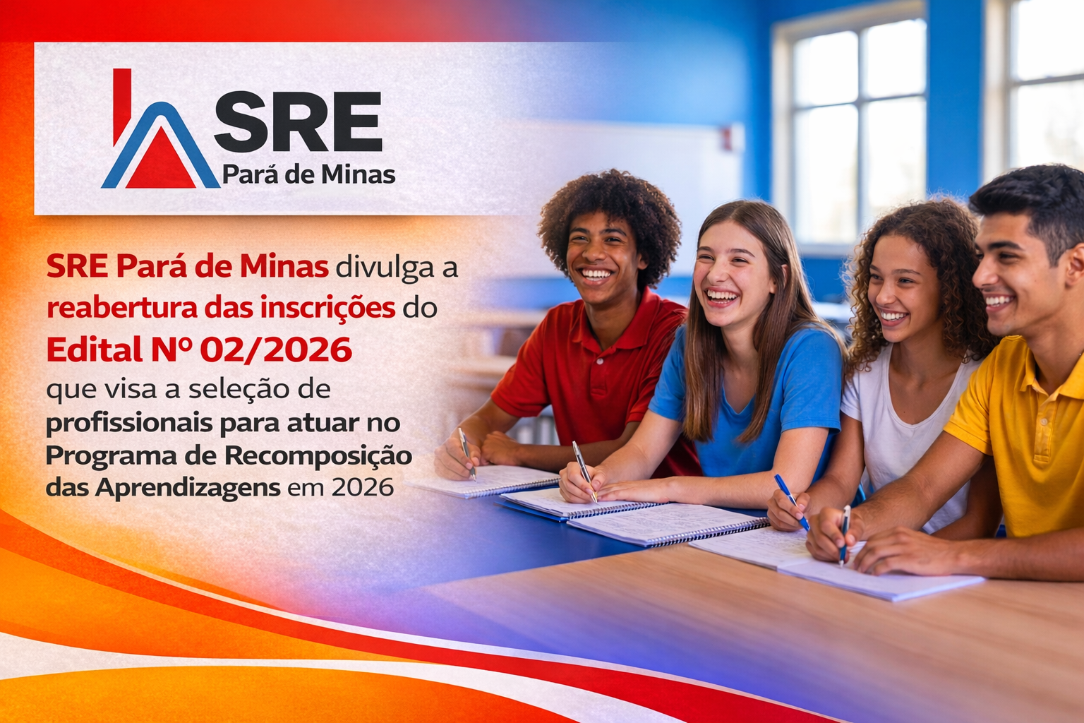 SRE Pará de Minas divulga a reabertura das inscrições do Edital nº 02/2026 que visa a seleção de profissionais para atuar no Programa de Recomposição das Aprendizagens em 2026