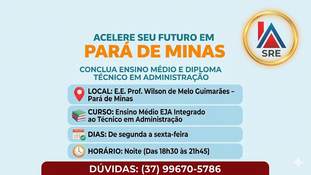 A Escola Estadual Professor Wilson de Melo Guimarães está com matrículas abertas para o Ensino Médio EJA integrado ao Técnico em Administração